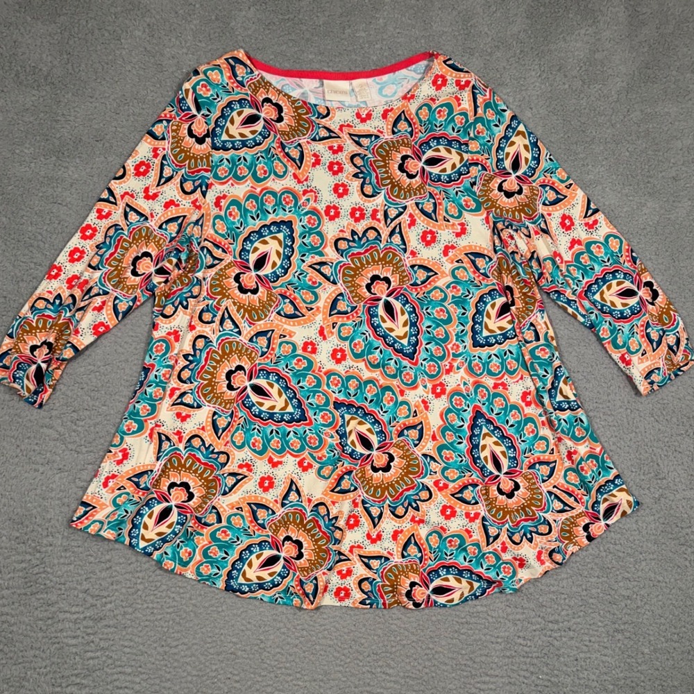 NEW Chicos Size 2 Large Tunic Top 3/4 Sleeve Paisley Floral Medallion Multi